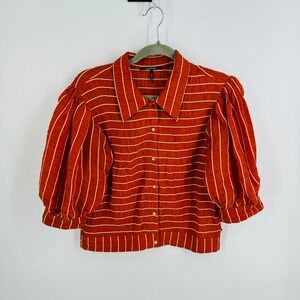 Scotch & Soda Orange White Striped Puff Sleeve Button-Down Crop Top Size L
